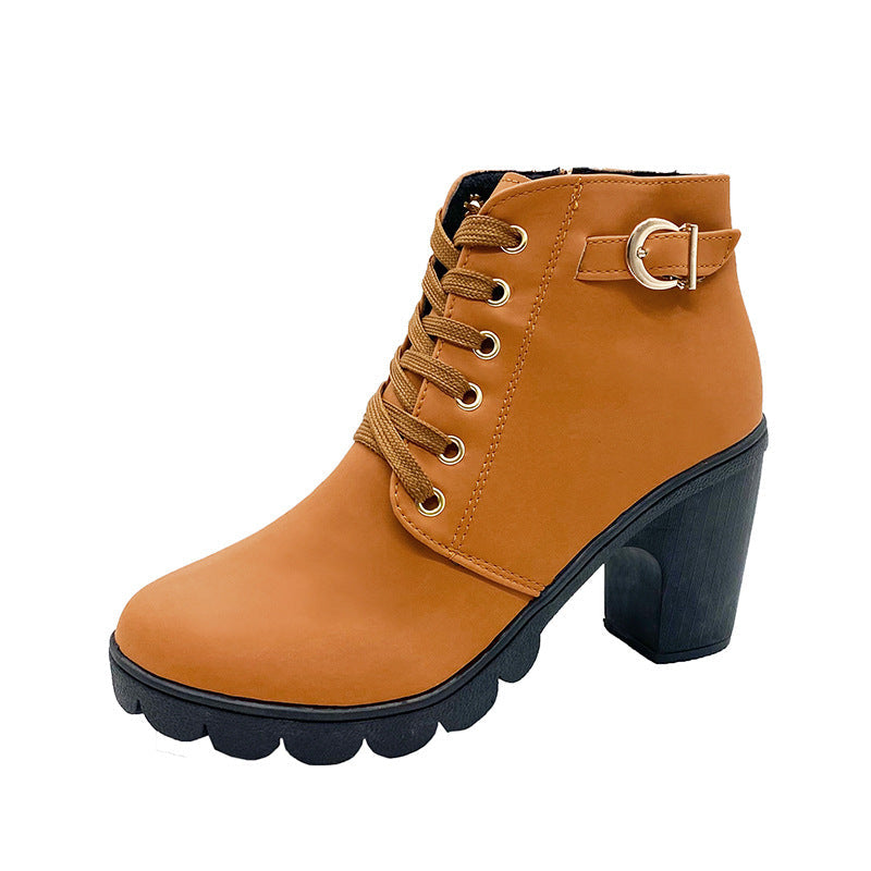 Chunky Heeled Women's Lace-Up Ankle Boots with Buckle | E&W - 6 - Elenwear