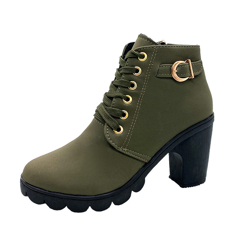 Chunky Heeled Women's Lace-Up Ankle Boots with Buckle | E&W - 7 - Elenwear