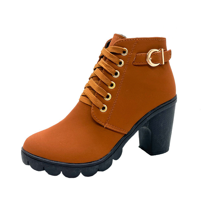 Chunky Heeled Women's Lace-Up Ankle Boots with Buckle | E&W - 8 - Elenwear