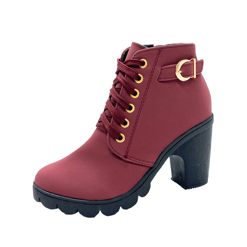 Chunky Heeled Women's Lace-Up Ankle Boots with Buckle | E&W - 9 - Elenwear