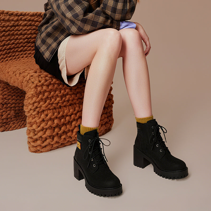 Ankle Boots Women's Chunky Heel Lace-Up Design | E&W - 1 - Elenwear