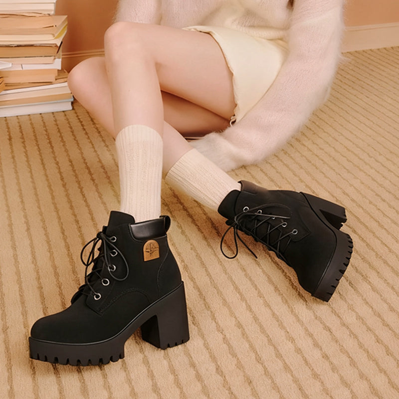 Ankle Boots Women's Chunky Heel Lace-Up Design | E&W - 2 - Elenwear