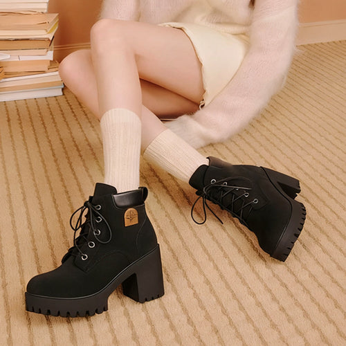Ankle Boots Women's Chunky Heel Lace-Up Design | E&W - 2 - Elenwear