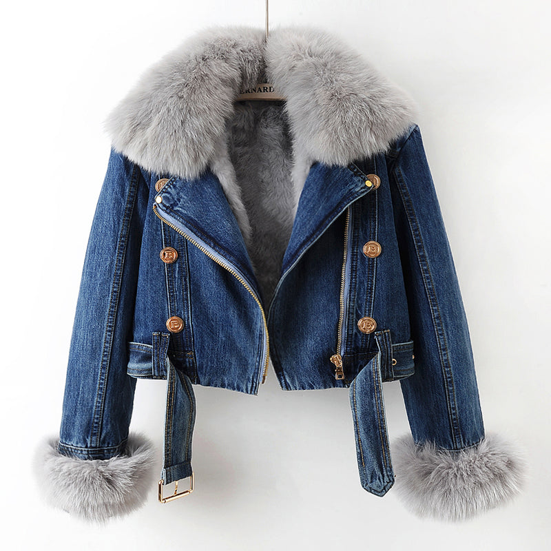 Women's Denim Jacket with Faux Fur Collar and Cuffs | E&W - 1 - Elenwear