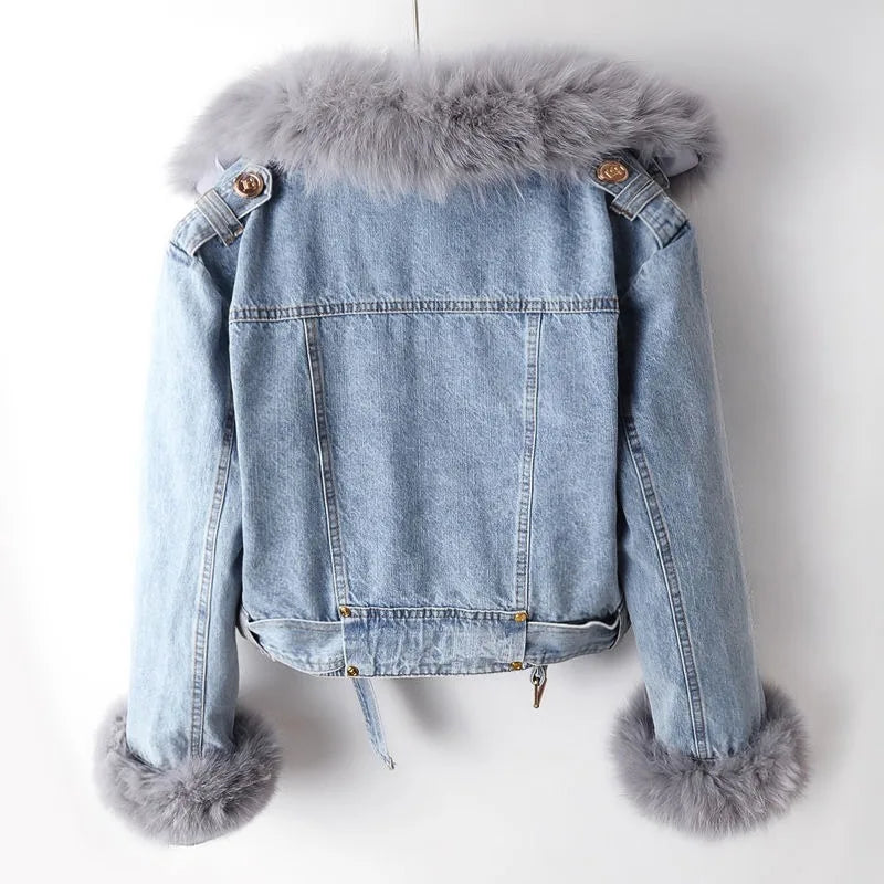 Women's Denim Jacket with Faux Fur Collar and Cuffs | E&W - 3 - Elenwear