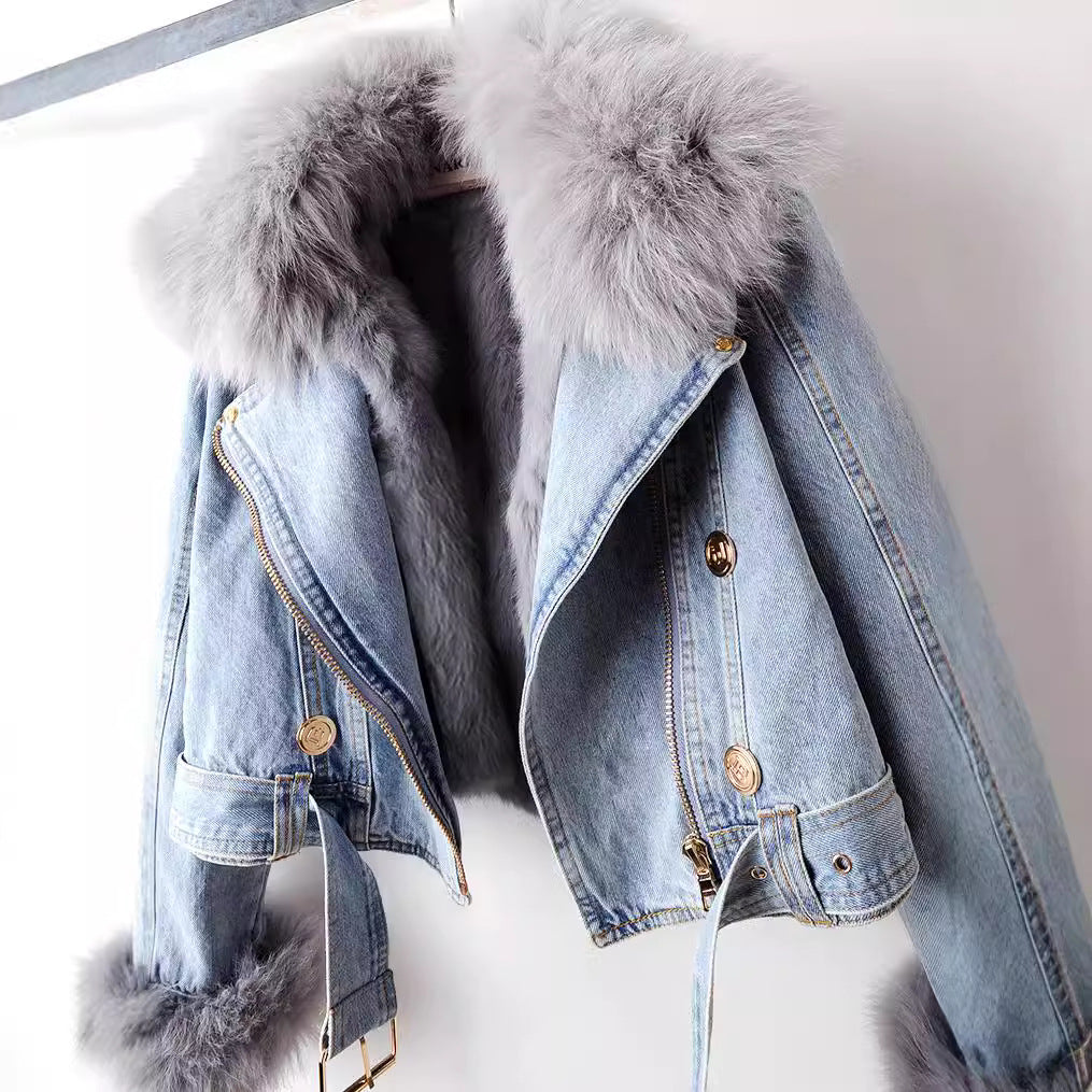 Women's Denim Jacket with Faux Fur Collar and Cuffs | E&W - 6 - Elenwear
