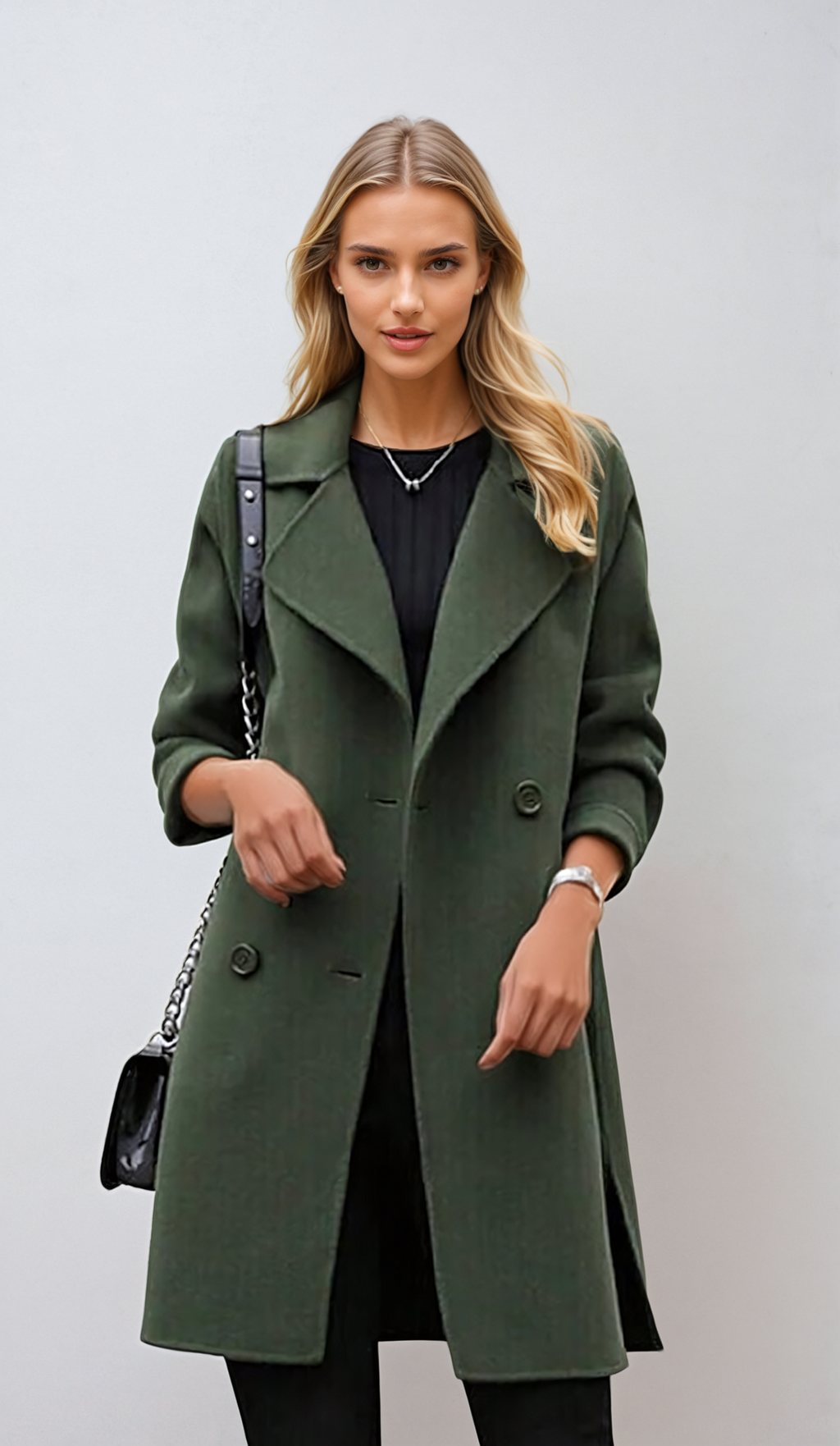 Double-Breasted Women's Coat in Olive Green | E&W - 1 - Elenwear