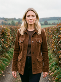 Women's Suede Western Shacket — Multi-Pocket Shirt Jacket - Dark Brown