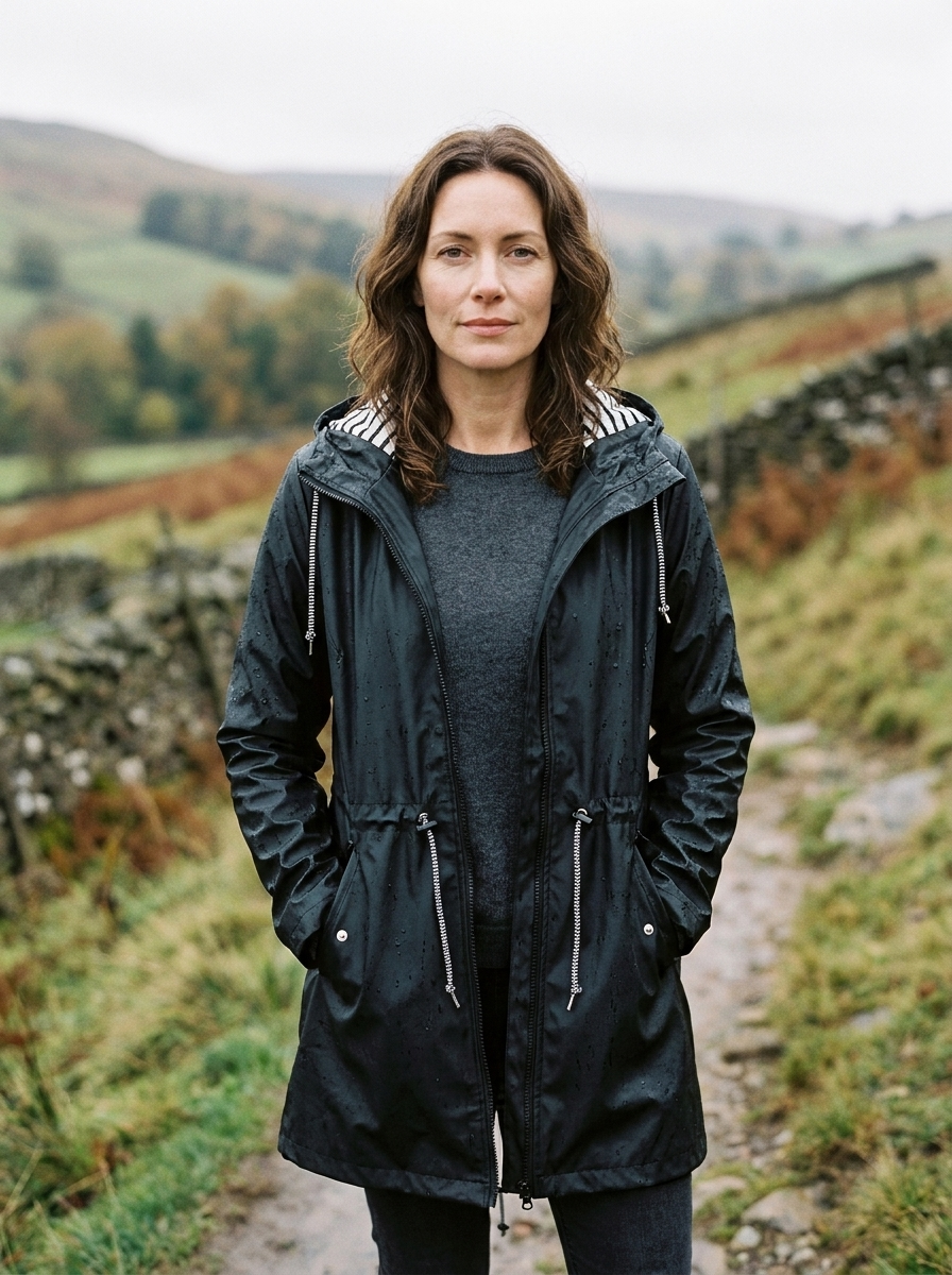 Women's Drawstring-Hood Waterproof Trench — Rain Jacket - Black
