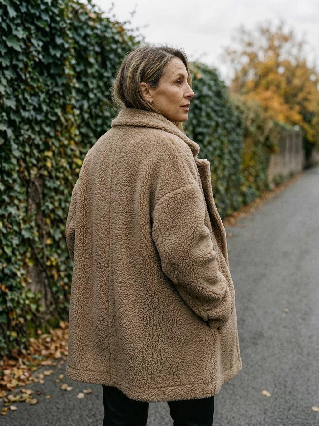 Women's Oversized Teddy Fleece Longline Coat — Soft Open-Front Layer - Khaki - Back View
