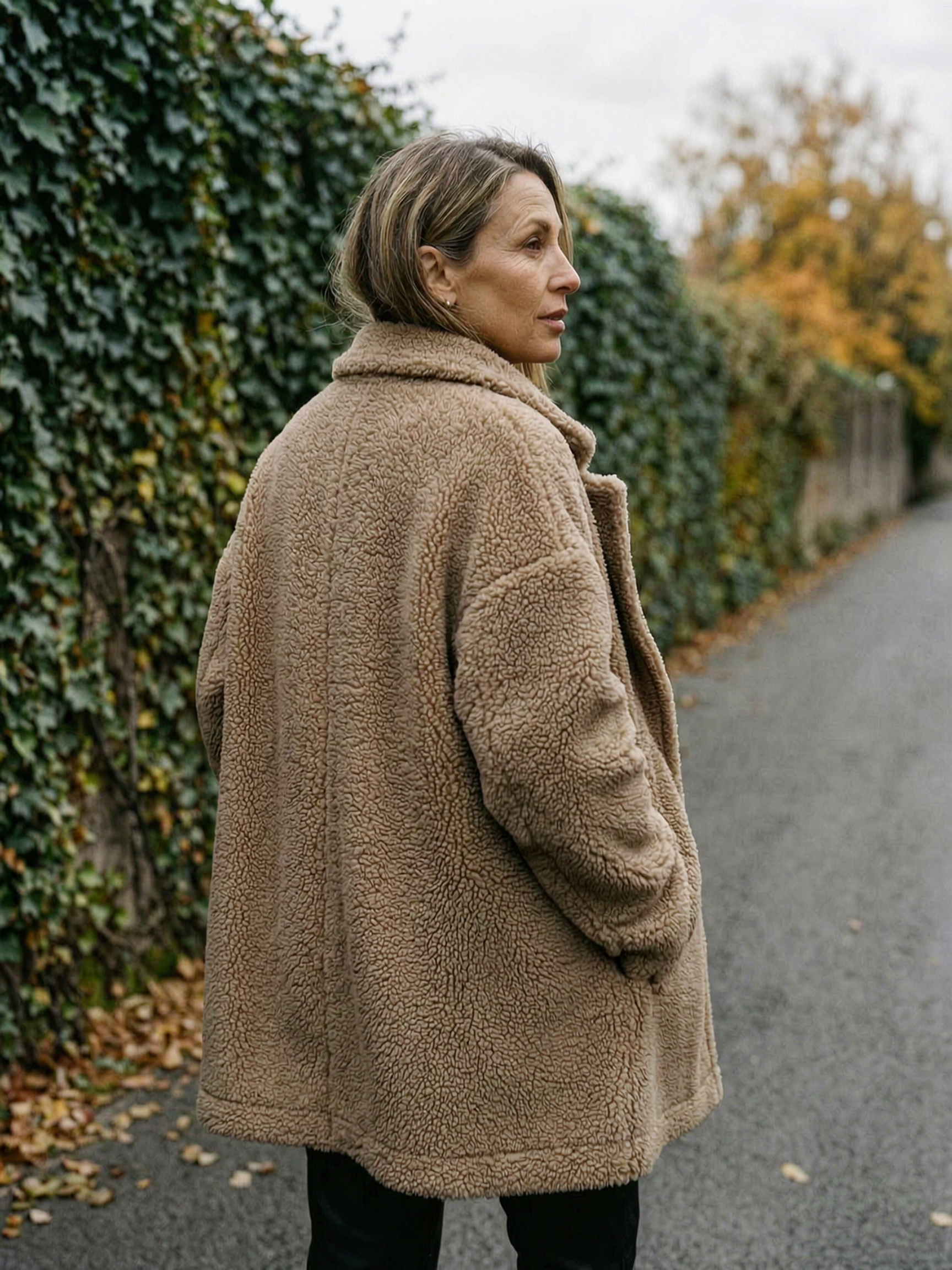 Women's Oversized Teddy Fleece Longline Coat — Soft Open-Front Layer - Khaki - Back View