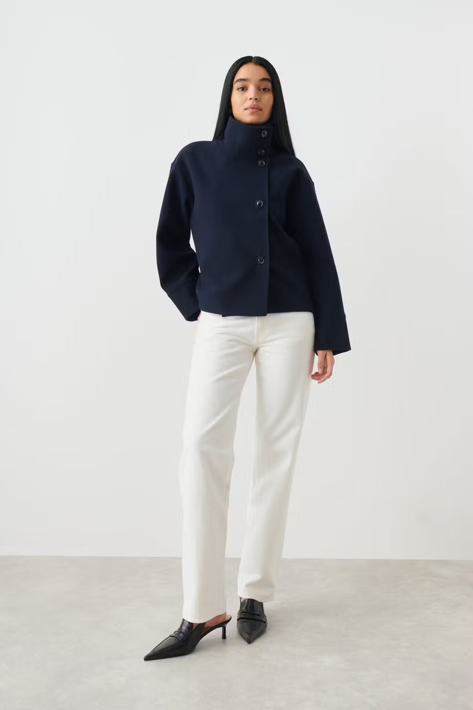 Women's Relaxed Fit Jacket with High Collar and Button Detail | E&W - 4 - Elenwear