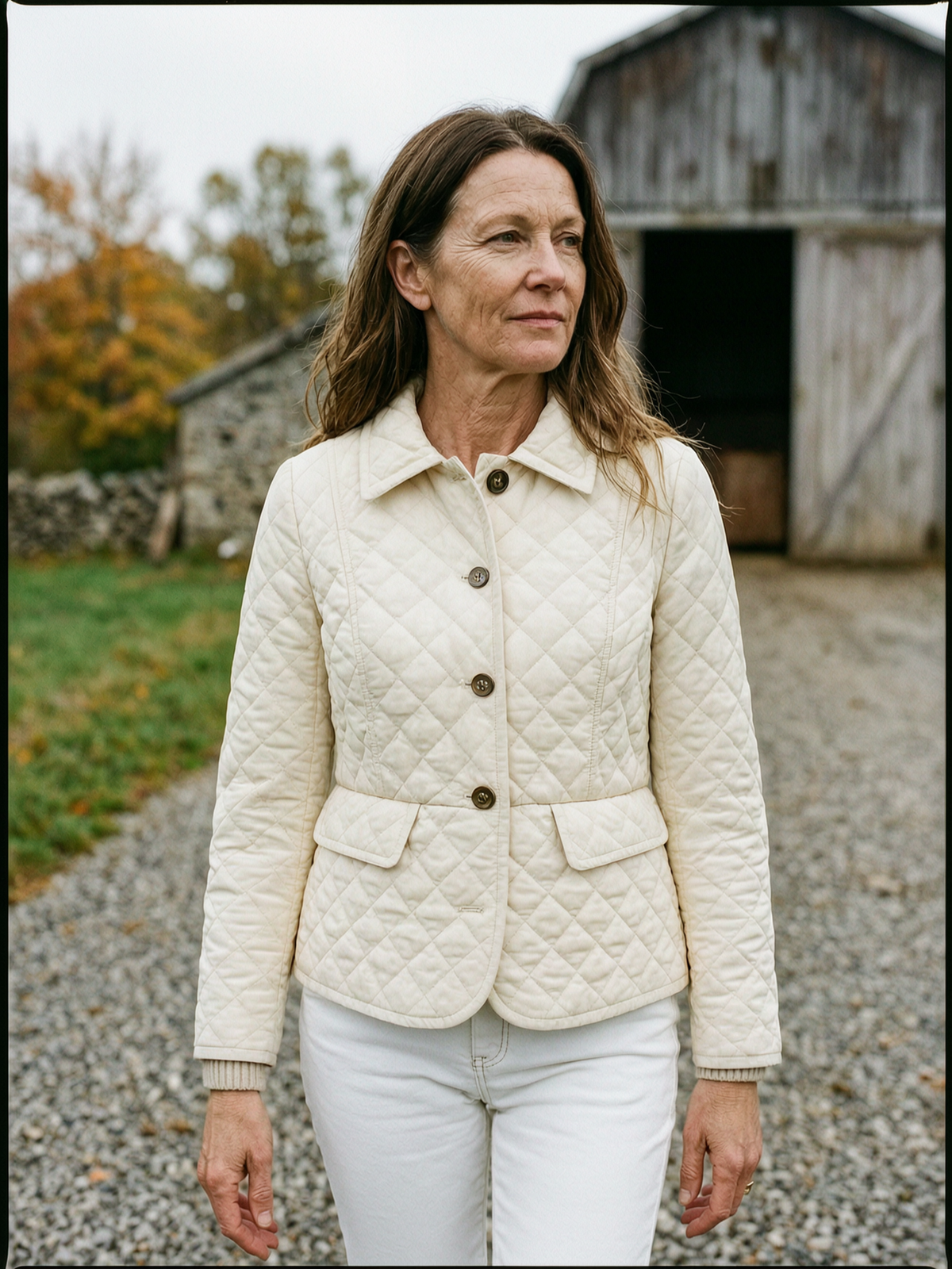 Cropped Diamond-Quilted Barn Jacket - Cream