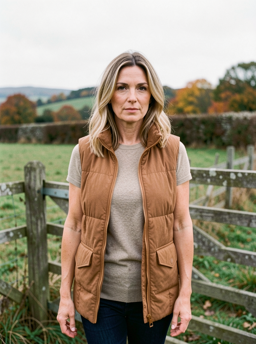 Women's Hooded Down Cotton Vest Coat — Mid-Length Padded Gilet - Light Brown