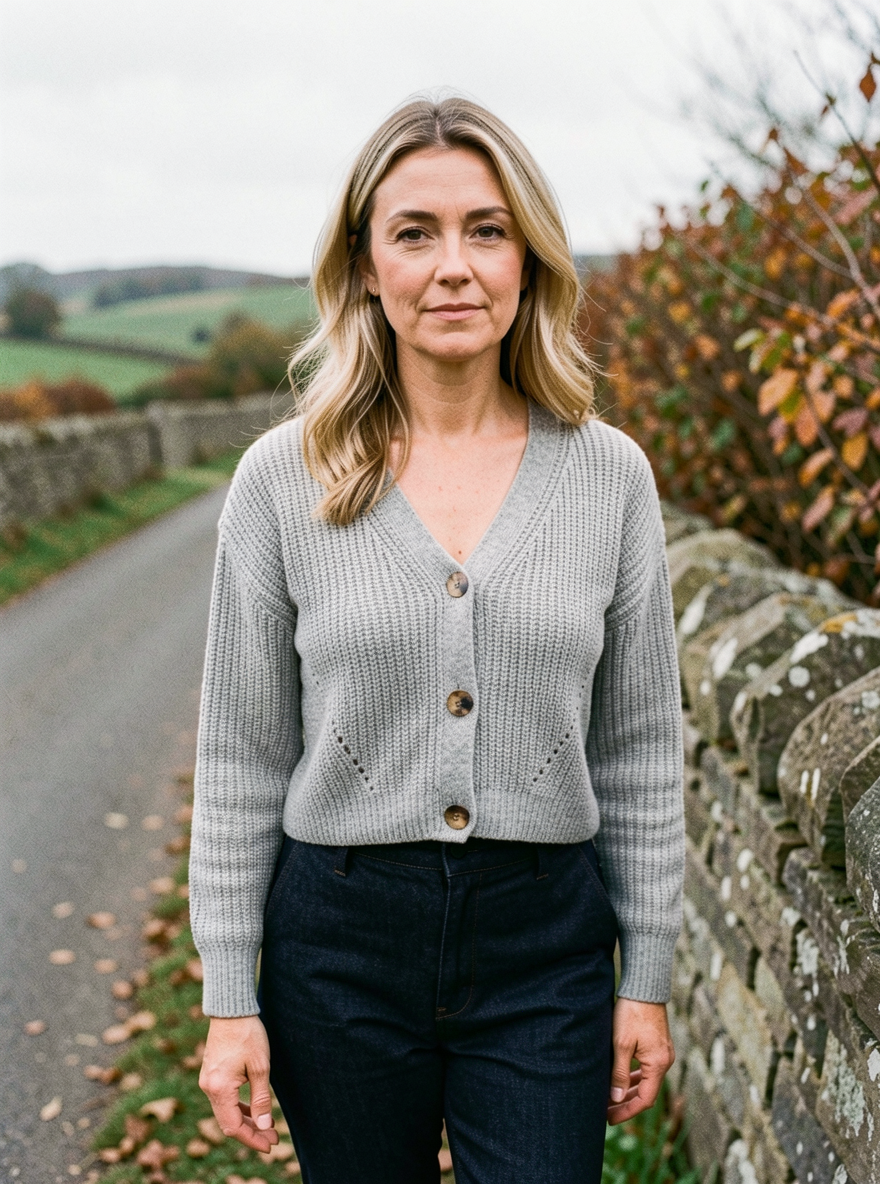 V-Neck Cropped Cardigan — Wood-Button Knit - Gray