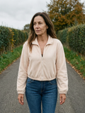 Women's Cropped Teddy Fleece Bomber Jacket — Soft Zip-Up Mid-Layer - Apricot