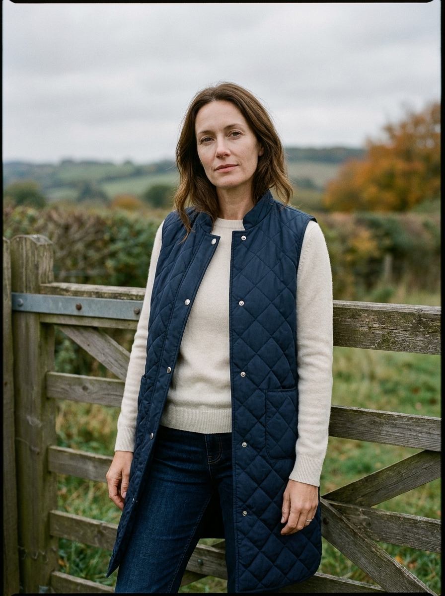 Women's Longline Diamond-Quilted Vest — Stand-Collar Waistcoat - Dark Blue