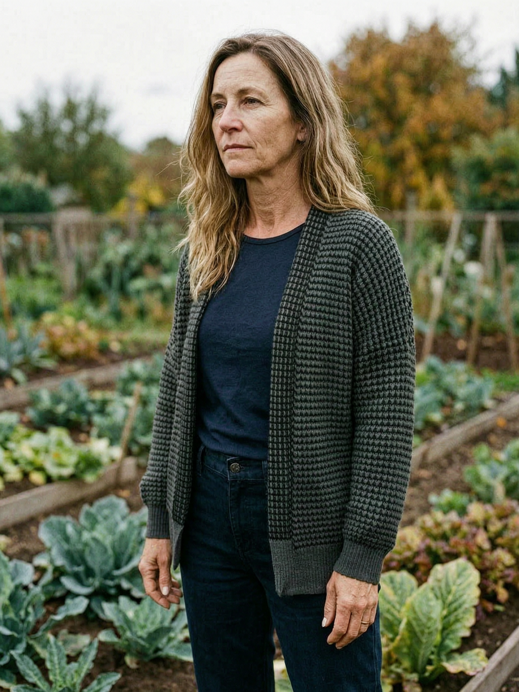 Women's Houndstooth Check Knit Cardigan — Open-Front Drop-Shoulder - Green Check