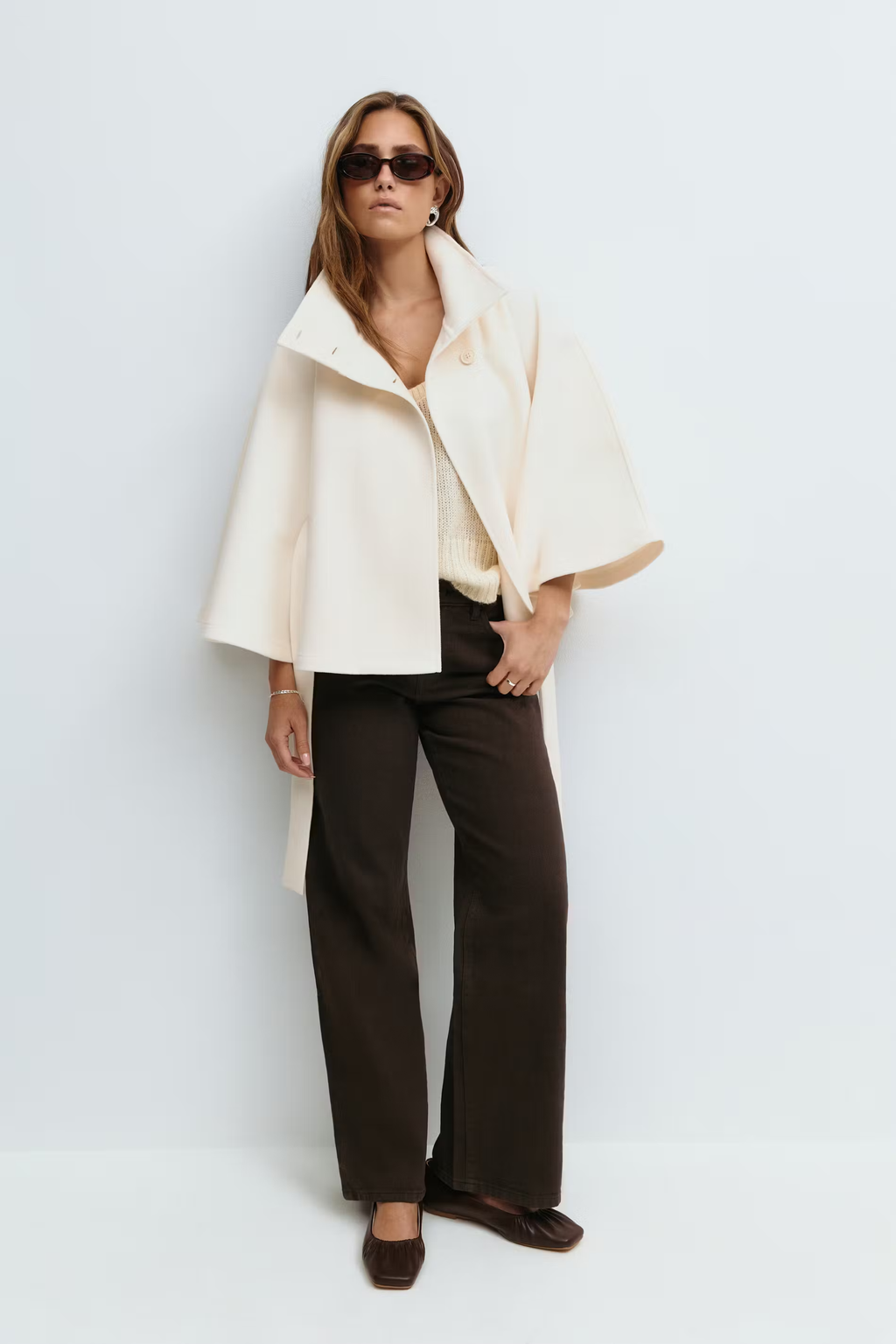 Women's Belted Cape Jacket with High Collar | E&W - 17 - Elenwear
