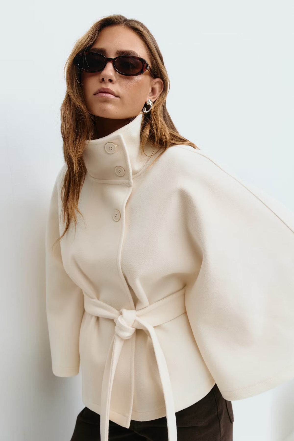 Women's Belted Cape Jacket with High Collar | E&W - 5 - Elenwear