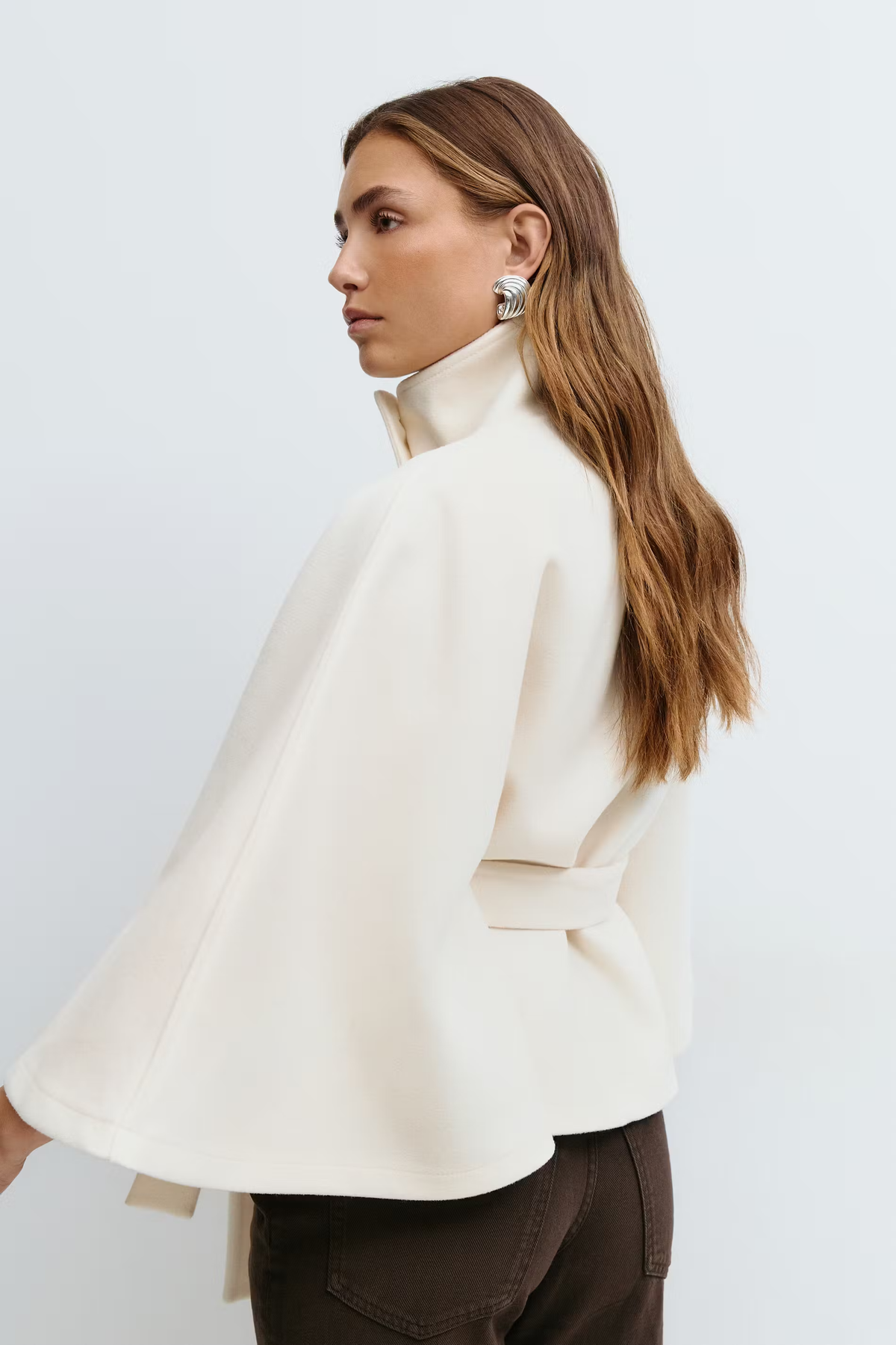 Women's Belted Cape Jacket with High Collar | E&W - 6 - Elenwear