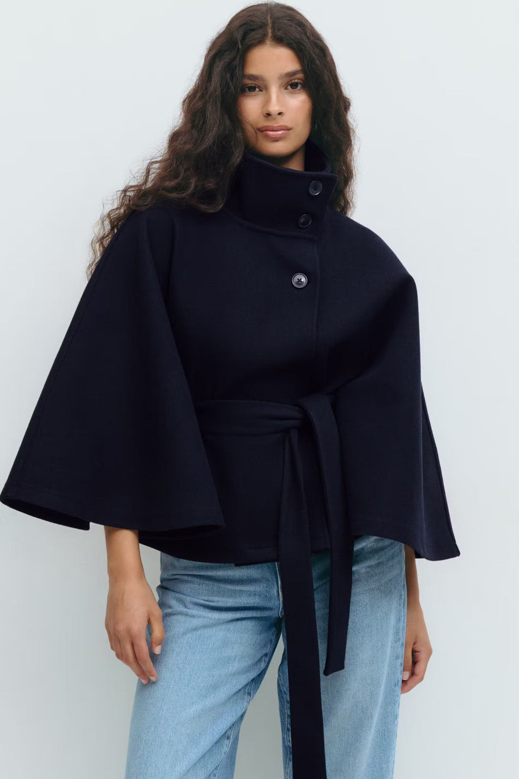 Women's Belted Cape Jacket with High Collar | E&W - 2 - Elenwear