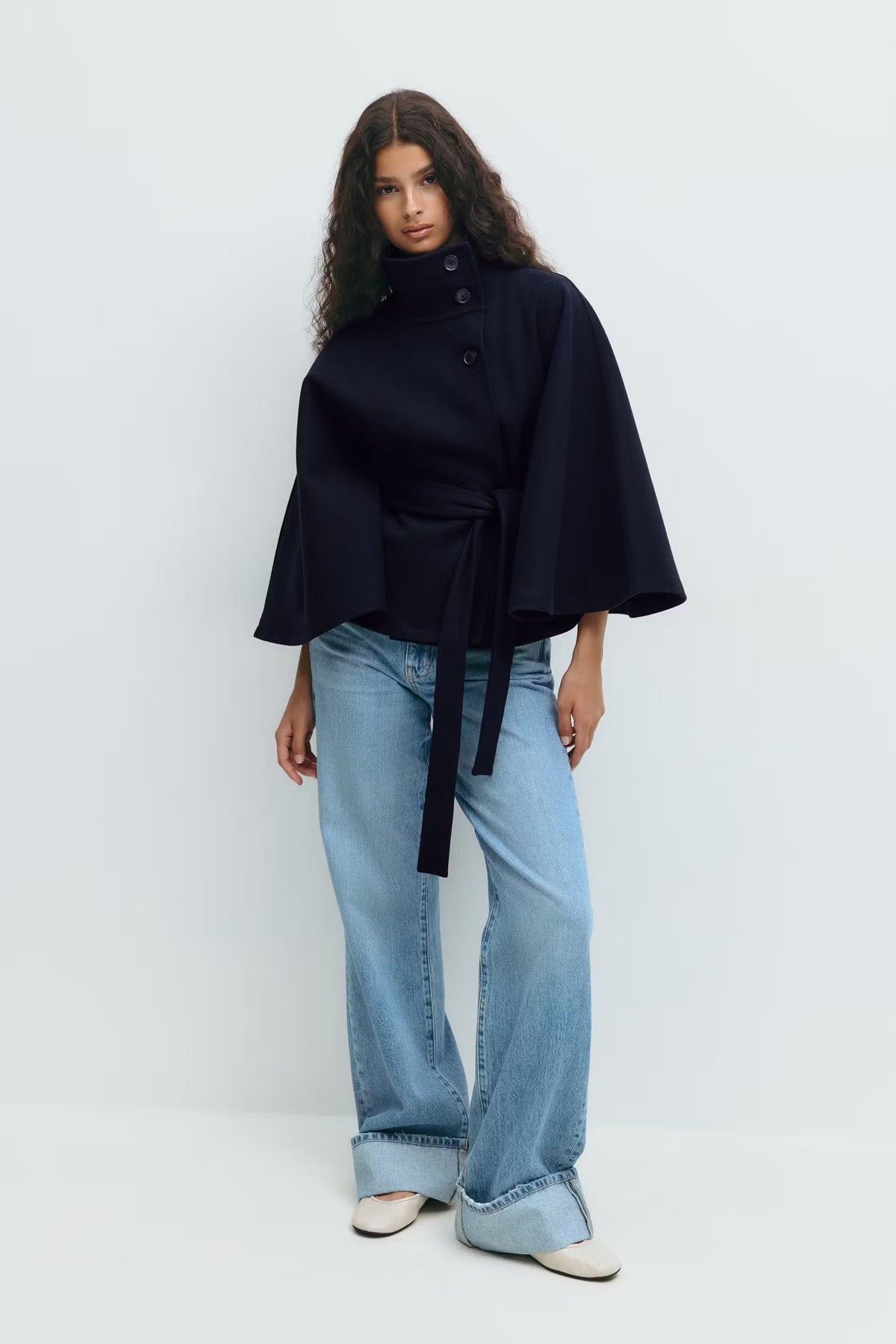 Women's Belted Cape Jacket with High Collar | E&W - 3 - Elenwear