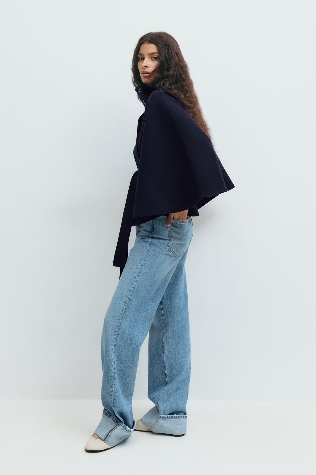 Women's Belted Cape Jacket with High Collar | E&W - 4 - Elenwear