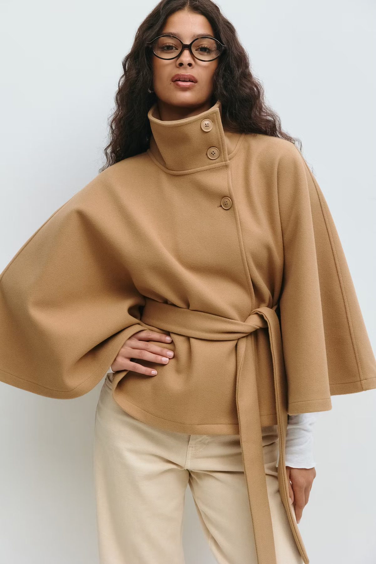 Women's Belted Cape Jacket with High Collar | E&W - 13 - Elenwear