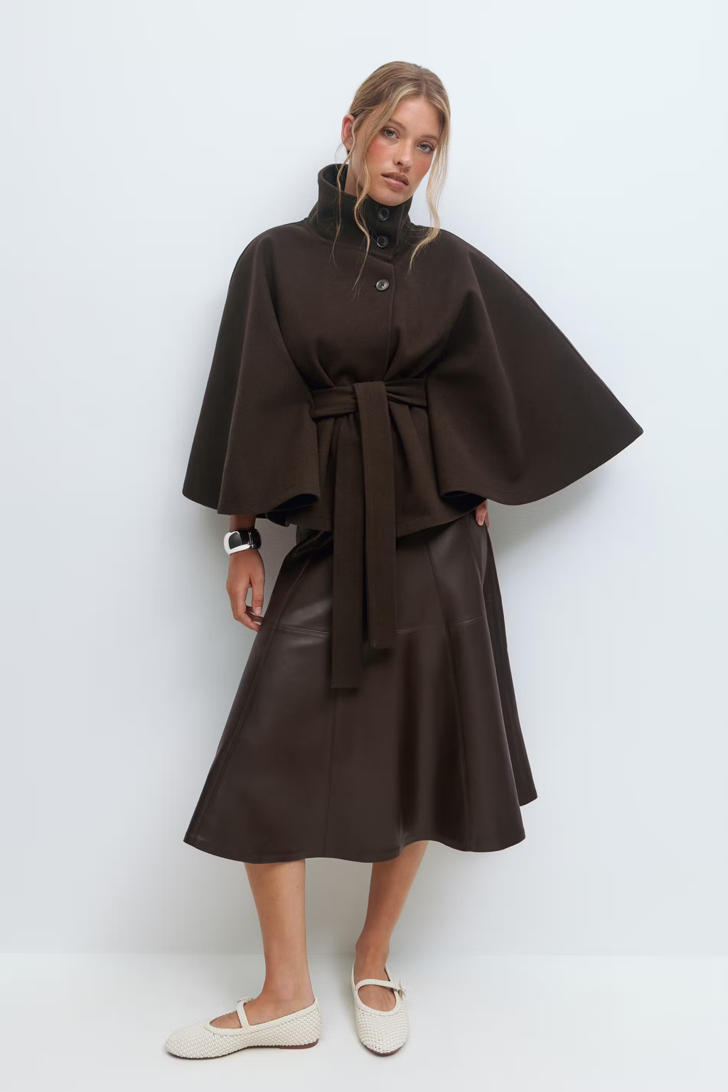 Women's Belted Cape Jacket with High Collar | E&W - 20 - Elenwear
