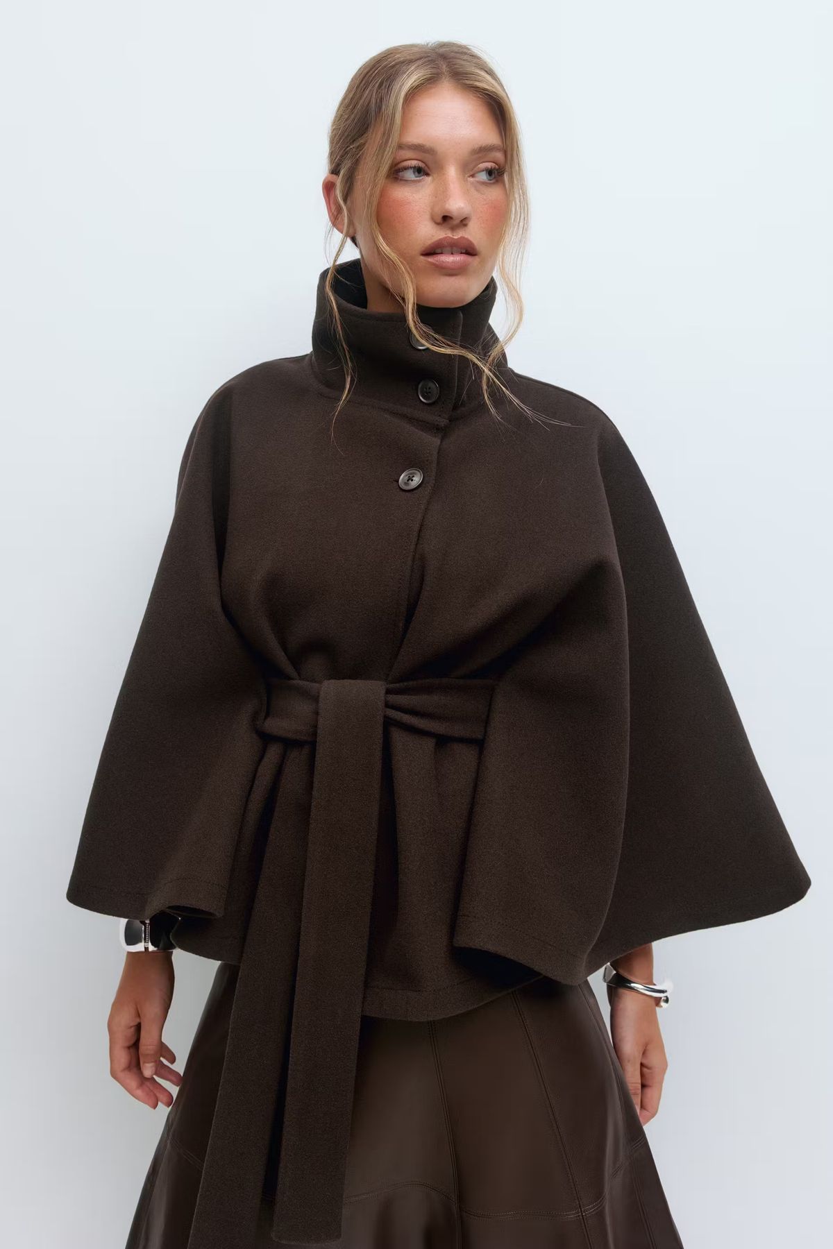 Women's Belted Cape Jacket with High Collar | E&W - 18 - Elenwear