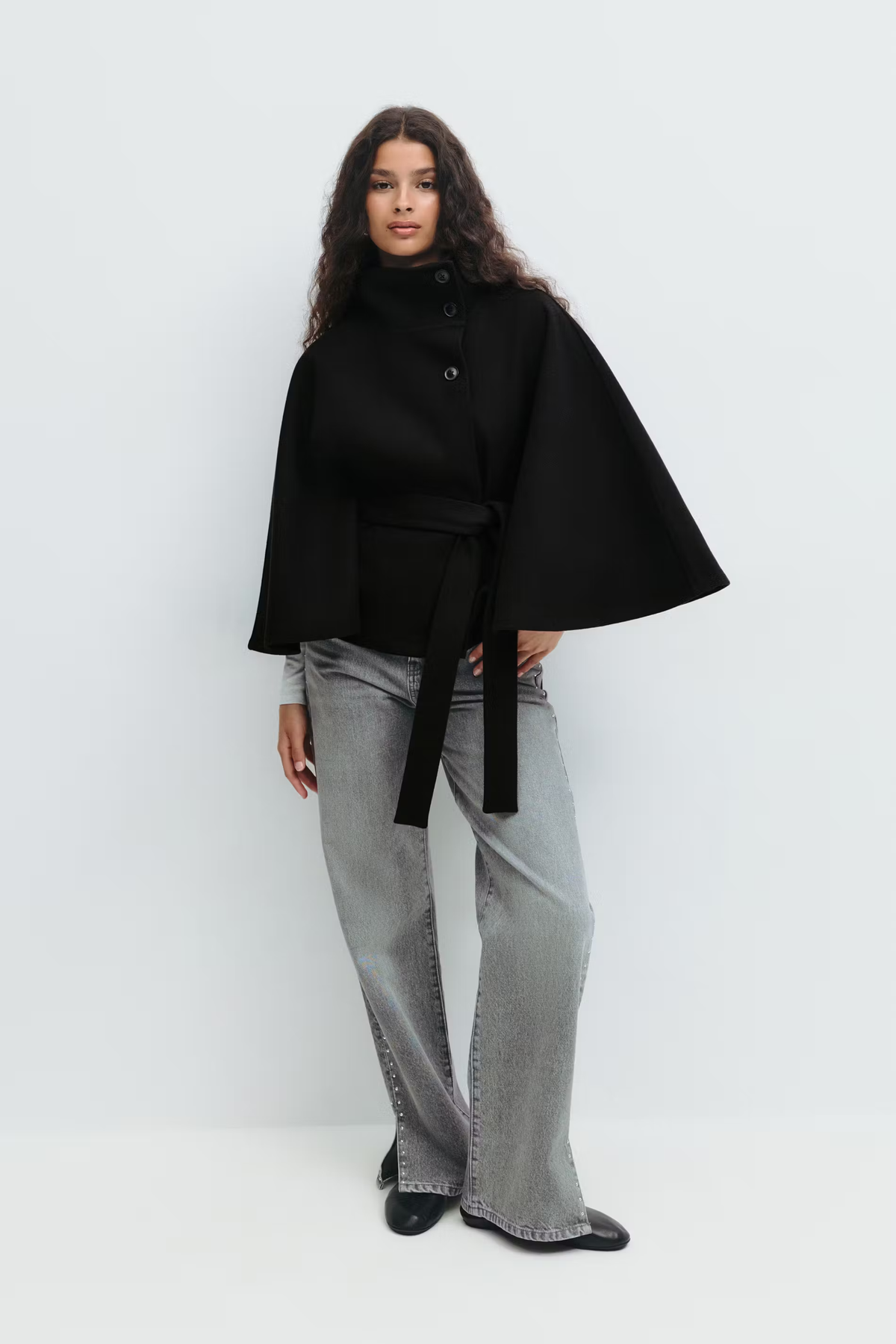 Women's Belted Cape Jacket with High Collar | E&W - 9 - Elenwear