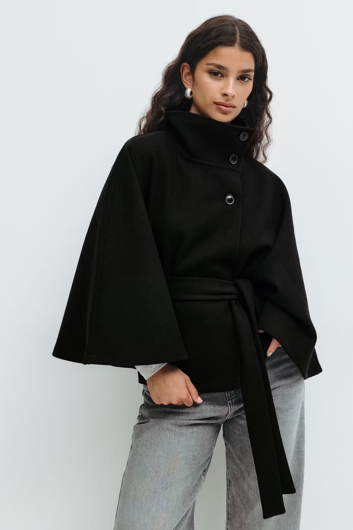 Women's Belted Cape Jacket with High Collar | E&W - 8 - Elenwear