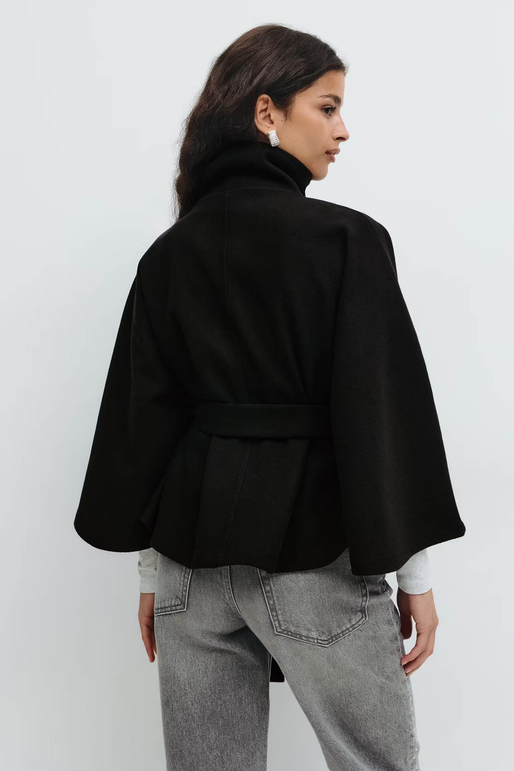 Women's Belted Cape Jacket with High Collar | E&W - 7 - Elenwear