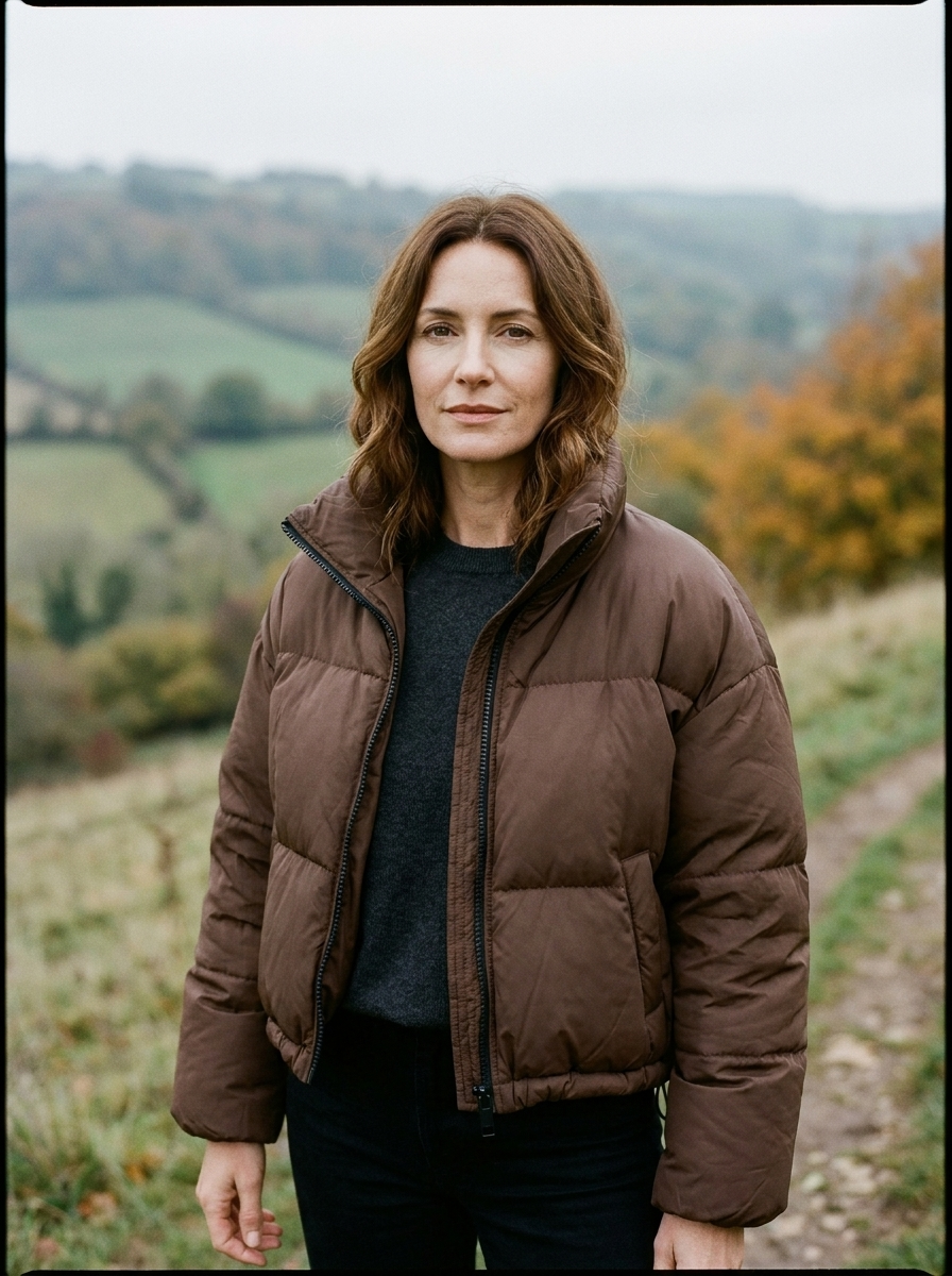 Women's Cropped Puffer Jacket — Stand-Up Collar Quilted Coat - Brown