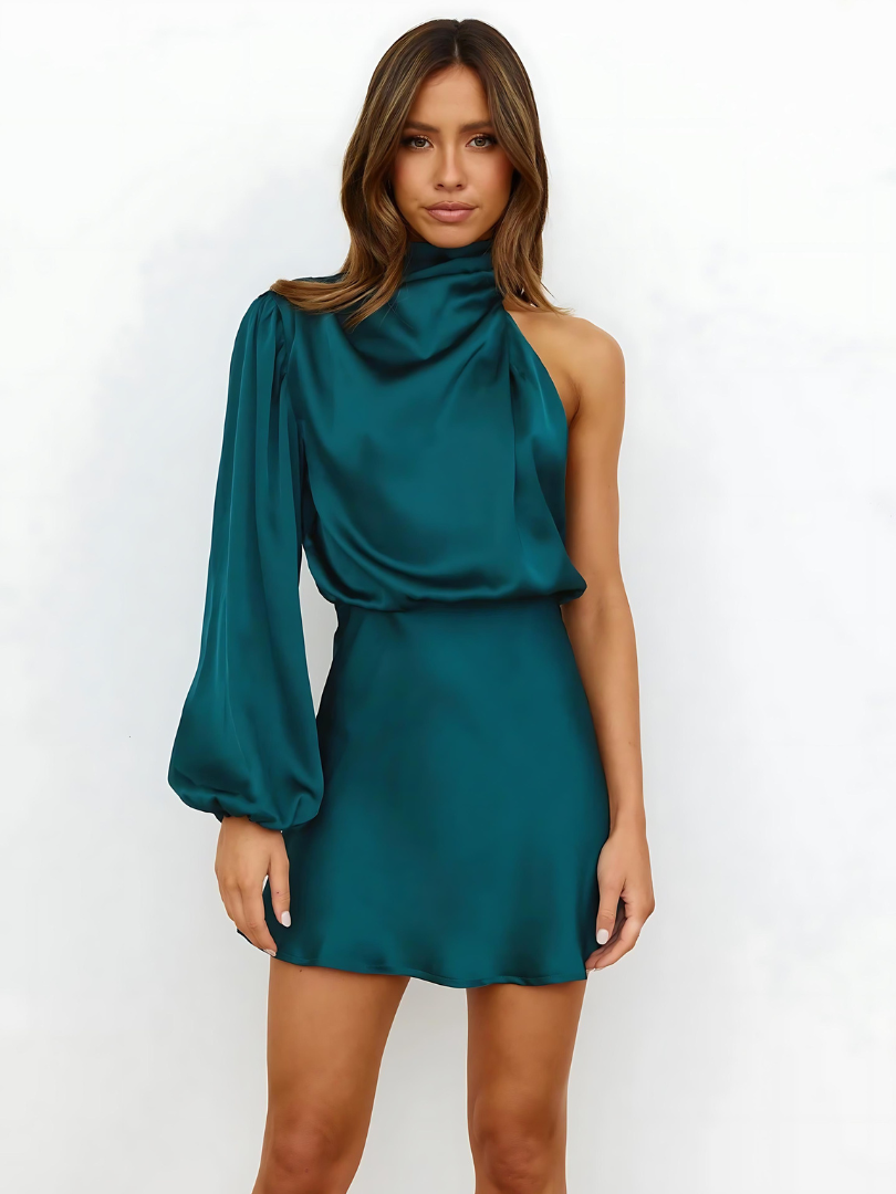 Mini Dress Women's One-Shoulder Silky Look with Elegant Drape | E&W - 6 - Elenwear