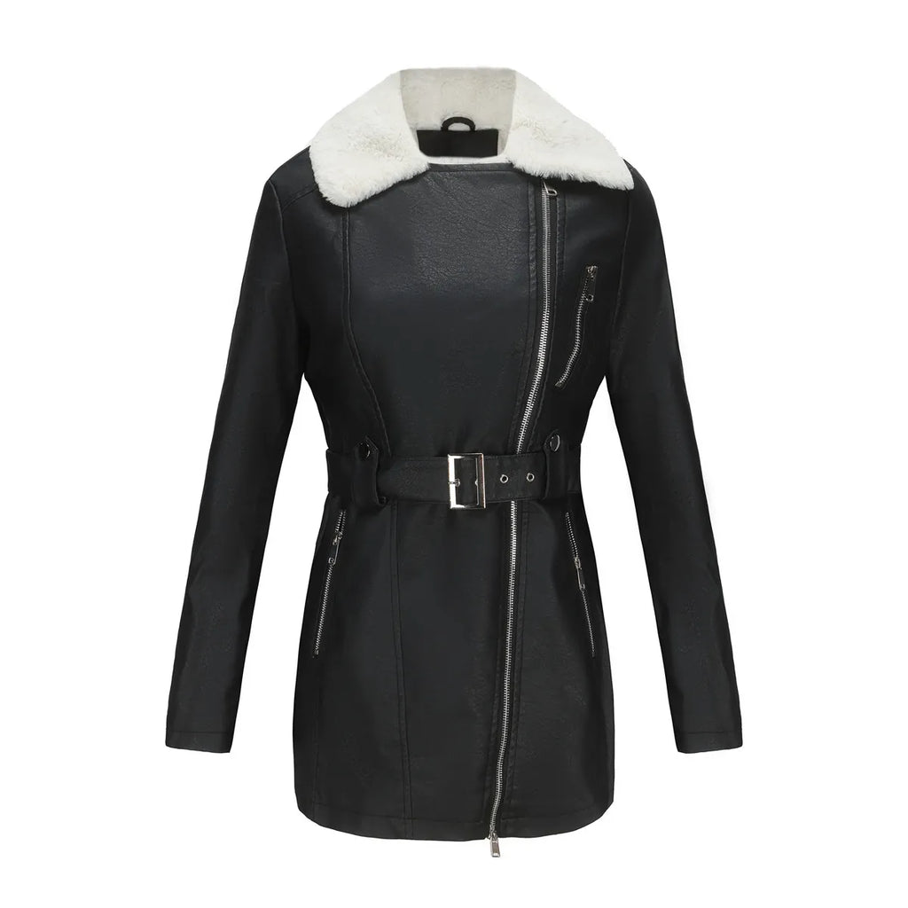 Biker Style Women's Faux Sheepskin Coat with Belt | E&W - 2 - Elenwear