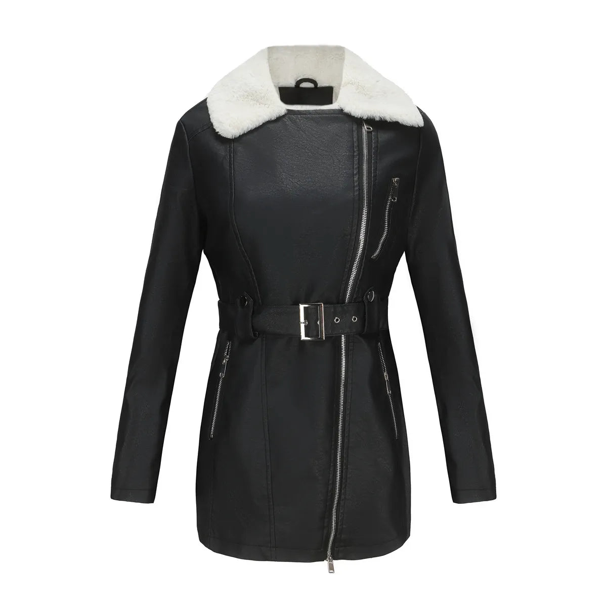 Biker Style Women's Faux Sheepskin Coat with Belt | E&W - 2 - Elenwear