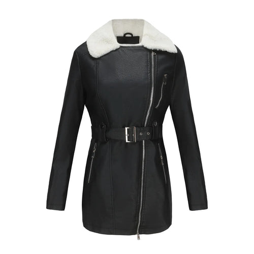 Biker Style Women's Faux Sheepskin Coat with Belt | E&W - 2 - Elenwear