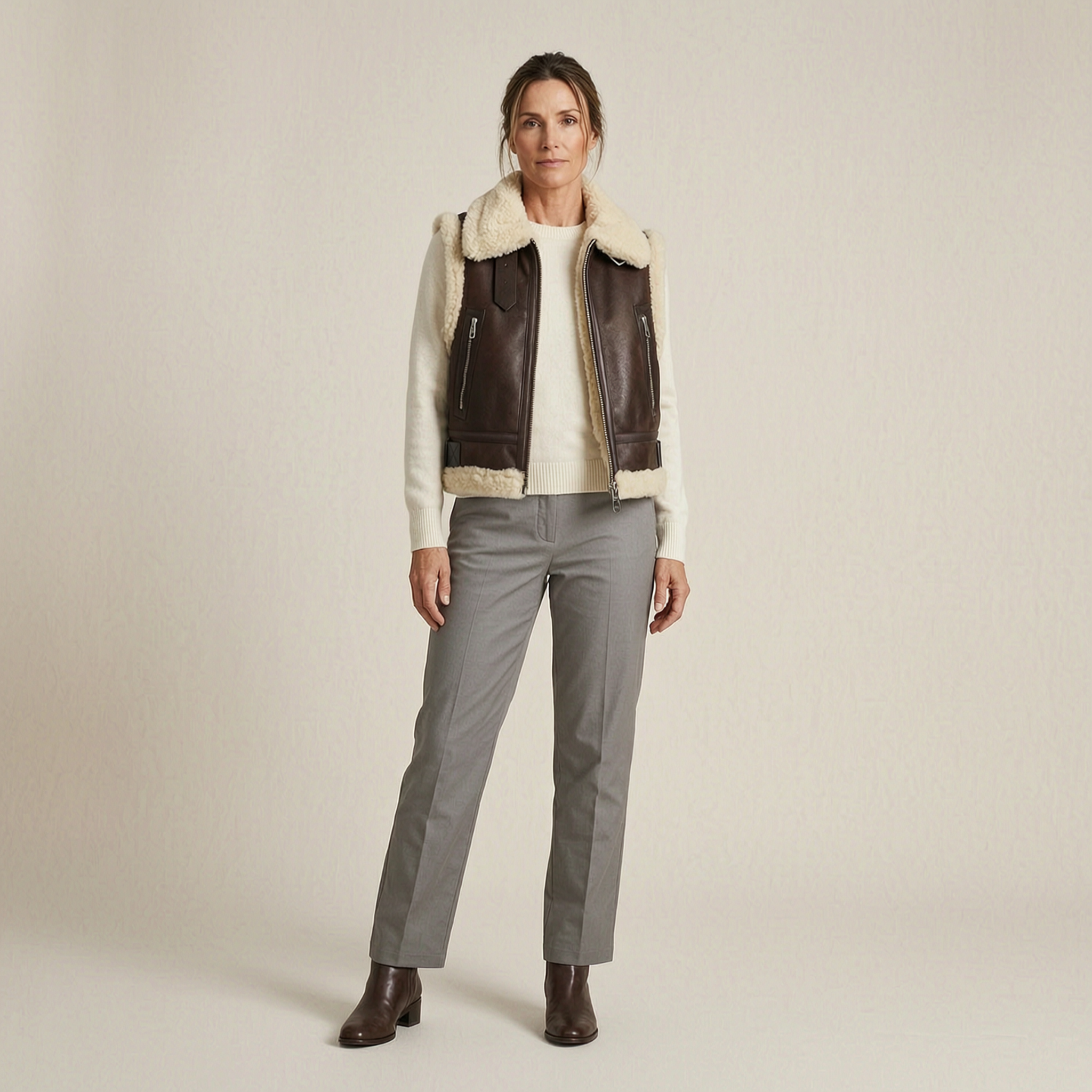 Women's Shearling-Look Aviator Vest — Fleece-Lined Short Jacket