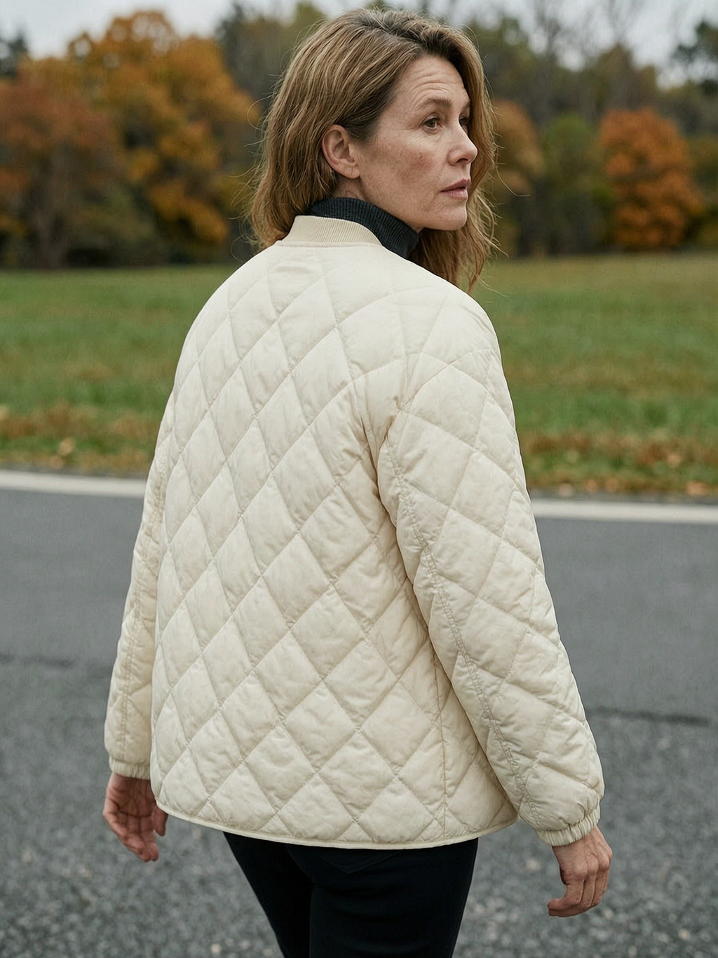 Cropped Diamond-Quilted Down Jacket - Cream - Back View