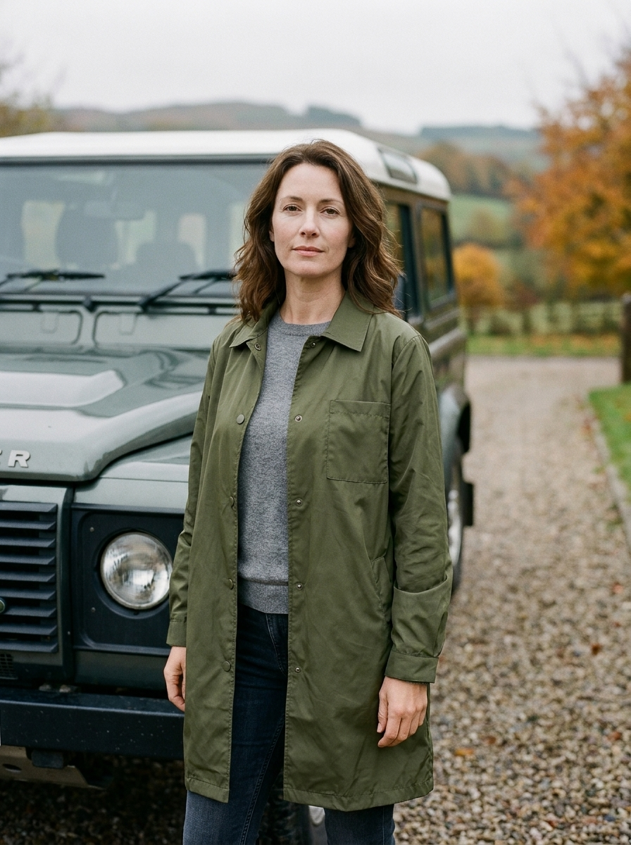 Women's Longline Showerproof Jacket — Shirt-Collar Rain Coat - Army Green