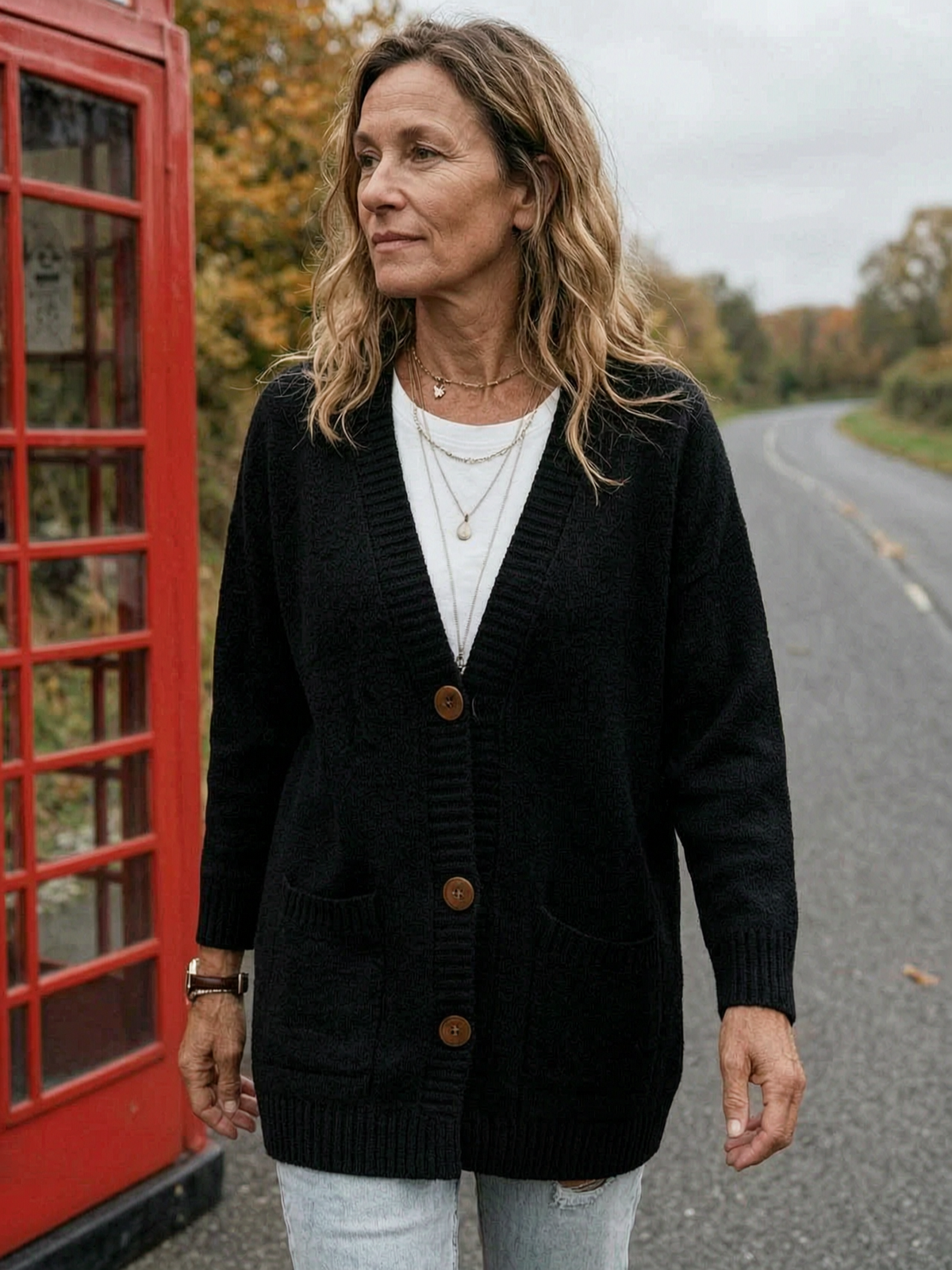 Women's Open-Front V-Neck Knit Cardigan — Chunky Ribbed Layer - Black