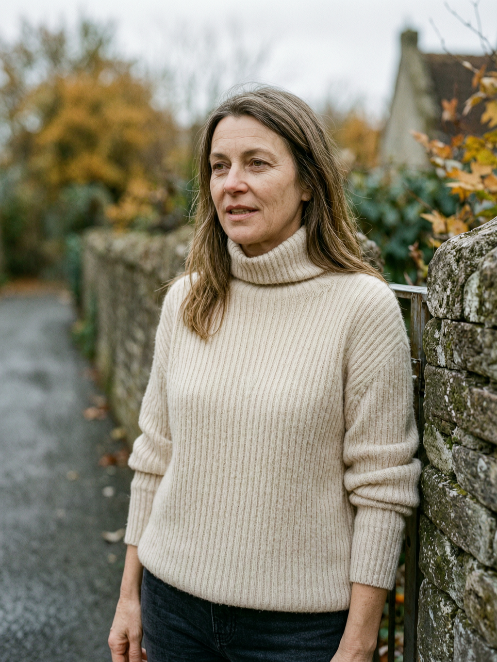 Women's Ribbed Wool Turtleneck Jumper — Chunky Roll-Neck Sweater - Beige