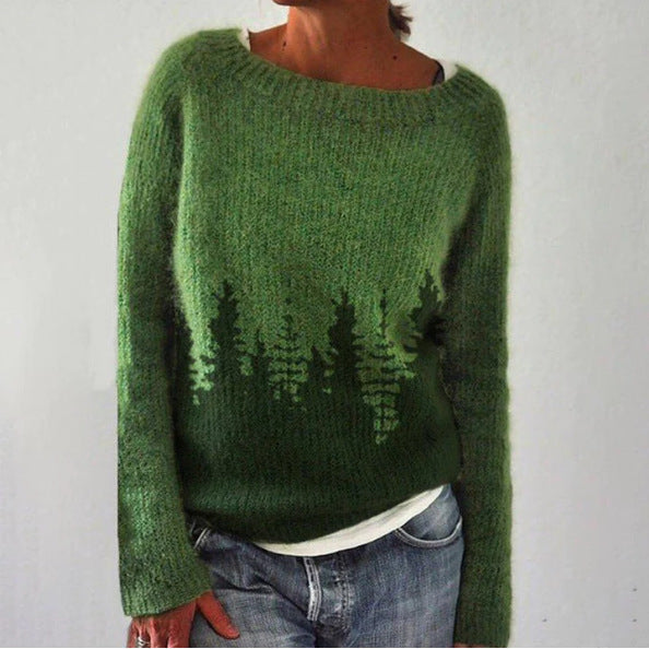 Women's Knit Sweater with Forest Print and Relaxed Fit | E&W - 3 - Elenwear