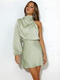 Mini Dress Women's One-Shoulder Silky Look with Elegant Drape | E&W - 3 - Elenwear