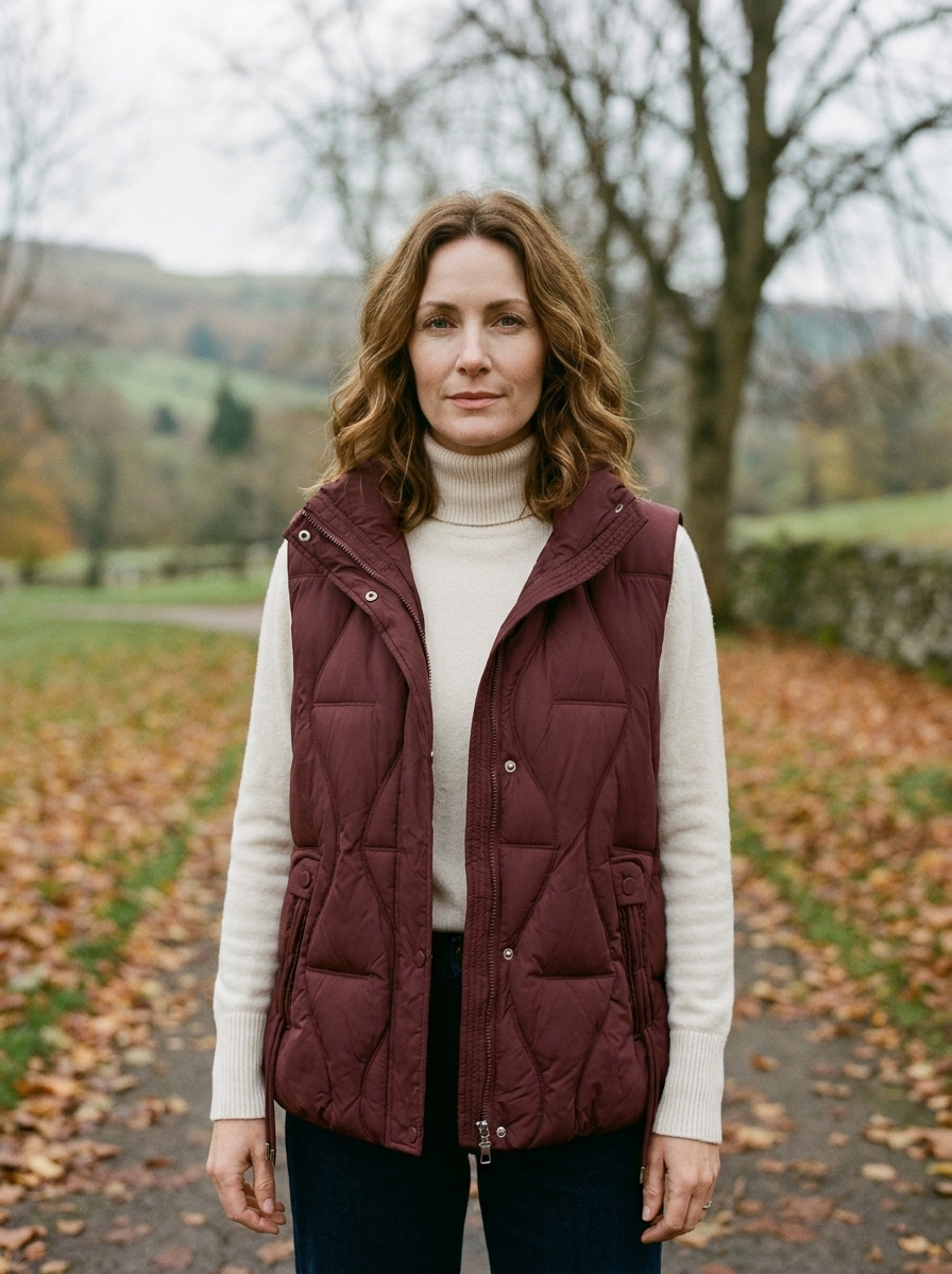 Women's Utility Quilted Gilet — Drawstring-Hem Puffer Vest - Angela Red