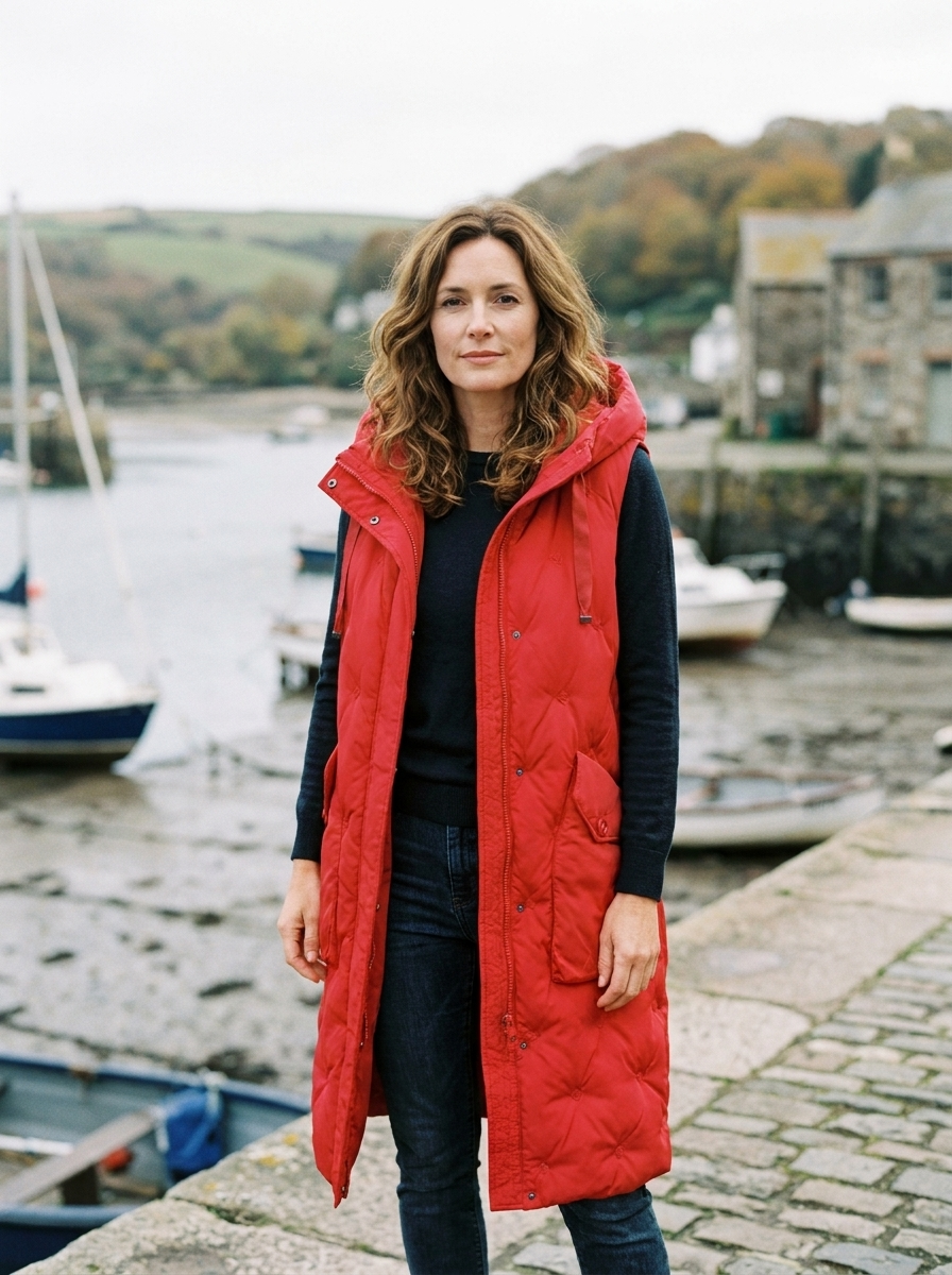 Women's Longline Hooded Quilted Gilet — Dramatic Floor-Length Vest - Red