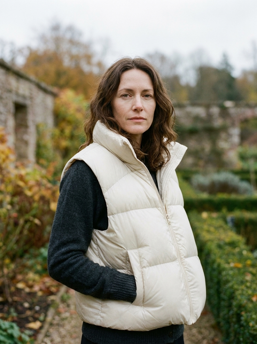Women's Cropped Puffer Vest — High-Collar Quilted Gilet - Beige