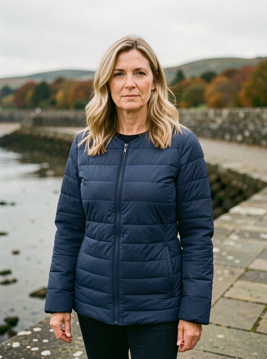 Women's Lightweight Stand-Collar Padded Jacket — Loose Everyday Coat, Extended Sizing - Navy Blue